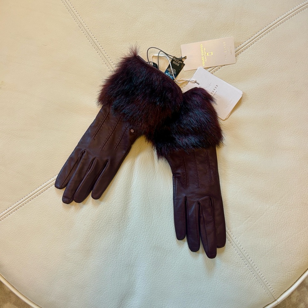 NWT Ted Baker Jania faux fur cuff leather gloves oxblood
